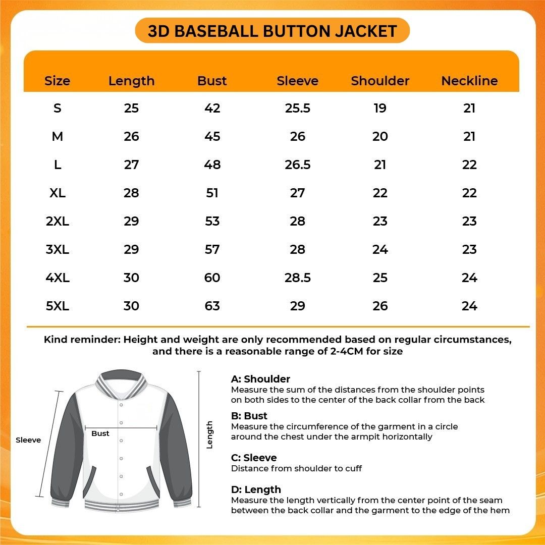 3D Baseball Button Jacket Size Chart - TWICE UK Shop